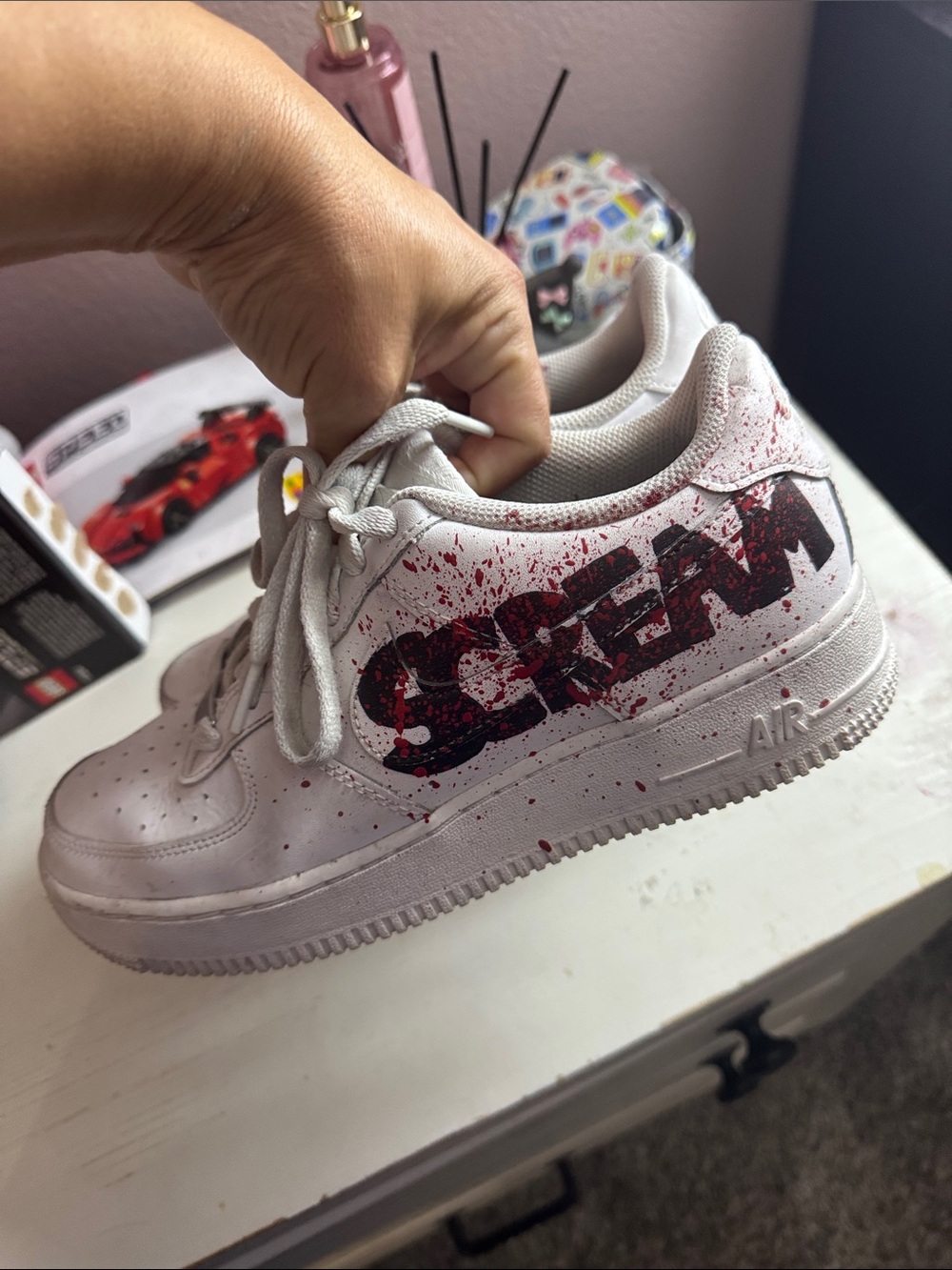 White Women's Graphic Low-Top Sneakers with Red Splatter and Black Bats - Picture 3 of 9